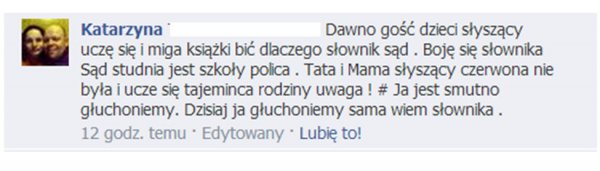 Transkrypcja zdania w języku migowym - wpis z profilu Migam na Facebooku