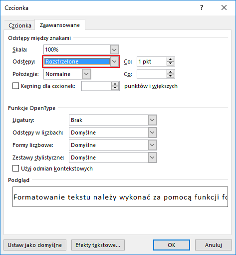 Okno czcionki z zaznaczonymi odstępami w programie Word