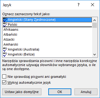 Okno wyboru języka w programie Word